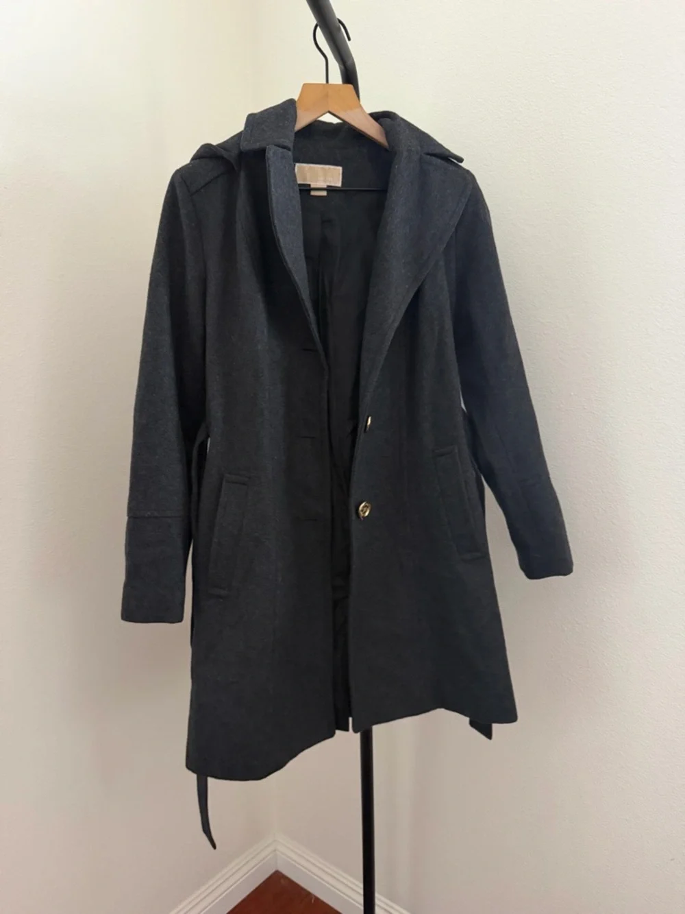 Womens Charcoal Hooded Belted Wool-Blend Coat - Picture 4 of 6